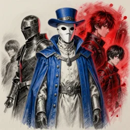a pencil sketch of a elegant plague doctor wearing a blue royal robe, white plague doctor mask, by greg rutkowski and makato shinkai, future black knight, by melmoth zdzislaw belsinki craig mullins yoji shinkawa, red light, semi - realistic render, pencil, paint smears, realistic manga, dramatic lighting, red light, d & d design