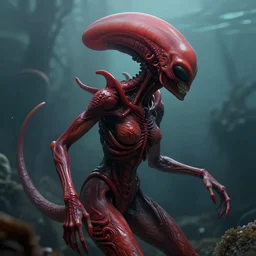 ultra realistic horror photo of a dimly lit red female alien creature underwater, very intricate details, focus, full frame image, curvy, model pose, artwork by tooth wu and wlop and beeple and greg rutkowski, award winning