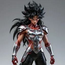 bloody, brutal, warrior girl, muscular girl, wild spiky black saiyan hair, long spiky hair, electrified hair, wearing chrome silver armor and black spandex pants, ultra realistic, intricate details, highly detailed, subsurface scattering, photorealistic, octane render, 8 k, art by artgerm, greg rutkowski, magali villeneuve, alphonse mucha