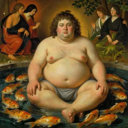 obese man sitting in a pond full of kobe fish, by ambrosius benson, by fernando botero, a touch of giuseppe arcimboldo, realistic, renaissance, epic composition, japanese ceremony, lush and warm