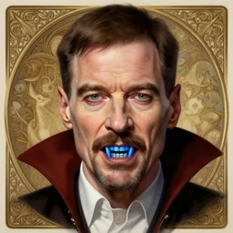 portrait of vampire walter white showing his fangs, fangs are blue, d & d, fantasy, intricate, elegant, highly detailed, digital painting, artstation, concept art, smooth, sharp focus, illustration, art by artgerm and greg rutkowski and alphonse mucha