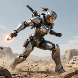 a female warrior in a mech suit punching the ground with her rocket-powered fist, sci-fi, concept art, extremely detailed, trending on artstation, deviantart, 8K UHD