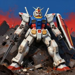 sci - fi art, mutilated gundam in a pile of junk, in bits and pieces, rust and damages, red and blue hour, art by ismail inceoglu