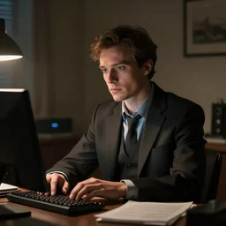 a hard - working man in his office at night by greg rutkowski