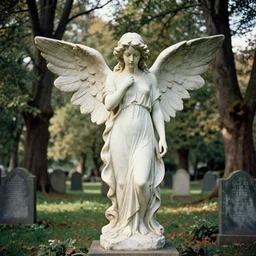 weeping angel statue in graveyard surrounded by beautiful forest, vintage film photo, cgsociety, octane render, trending on artstation, artstationHD, artstationHQ, unreal engine, 4k, 8k