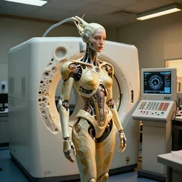 a mri 3 d printer machine and control panels in the laboratory inspection room making a cybernetic symbiosis, cybernetic mech cyberpunk woman, organic ceramic fractal forms, golden hour lighting, film still from the movie directed by denis villeneuve with art direction by wayne barlowe and salvador dali, cinematic, wide lens, f 3 2,