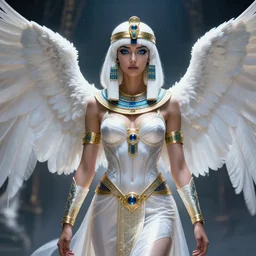 perfect white haired egyptian queen wearing white dove wings, warframe armor, regal, attractive, ornate, sultry, beautiful, dreamy, half asian, pretty face, blue eyes, detailed, scifi platform, 4 k, ultra realistic, epic lighting, android body, illuminated, cinematic, masterpiece, art by akihito tsukushi, voidstar, artgerm