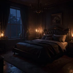 videogame screenshot of a very dark night luxury bedroom, candlelight, dusk, shadows, octane render, volumetric lighting, raytracing