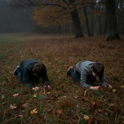 brothers in the night. they are crawling into the morning. folk horror. realistic. beautiful. autumnal colours