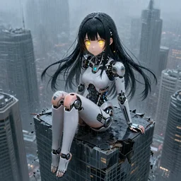 beautiful cyborg girl!!! sitting on a crumbling skyscraper, rainfall!!, water refractions!! on lens, black long hair!, golden watery eyes, full round face!, biomechanical details, digital cyberpunk anime!! art, full body!!!, mid - shot, reflections, wlop, ilya kuvshinov, artgerm