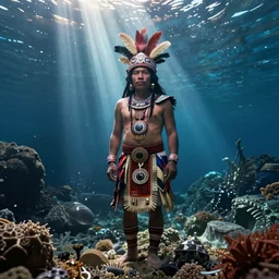 an indigenous mayan that lives in atlantis, submarine, spectular lighting, volumetric light, sharp focus