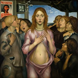 botticelli painting of many people without eyes. one person does have eyes, a young man, frightened about what is going on around him. there are propaganda posters on walls, brainwashing televisions and cctv cameras s 1 5 0