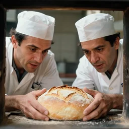 closeup portrait of bakers fighting back the bread trying to escape from the oven, by Steve McCurry and David Lazar, natural light, detailed face, CANON Eos C300, ƒ1.8, 35mm, 8K, medium-format print