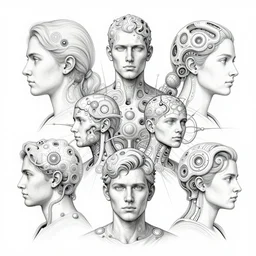 symmetry! portrait of multiple humans meeting, humans scientific intelligences, mooc, organic and intricate, elegant, highly detailed, concept art, smooth lines, sharp focus, lineart, illustration, shadows, penned with thin rotring pen on white, 8 k