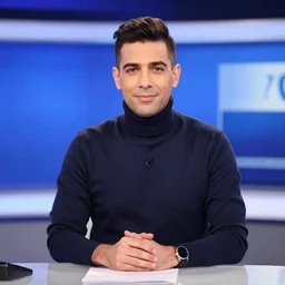 portrait photo of the right wing news anchor wearing a toupee and turtleneck, news studio desk