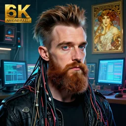 hyperrealist cyberpunk portrait of a young ducktail bearded middle eartern woody allen, it is decorated with long computer wires and computer monitors in the cyberpunk office background. by jeremy mann and alphonse mucha, fantasy art, photo realistic, dynamic lighting, artstation, poster, volumetric lighting, very detailed faces, 4 k, award winning