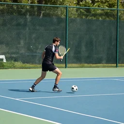 rugby player playing soccer in a tennis court