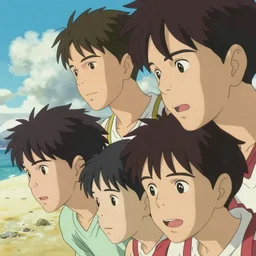 a film still japanese young men playing on a sunny beach in summer, finely detailed features, closeup at the faces, perfect art, dramatic light, trending on pixiv fanbox, painted by greg rutkowski makoto shinkai takashi takeuchi studio ghibli, akihiko yoshida