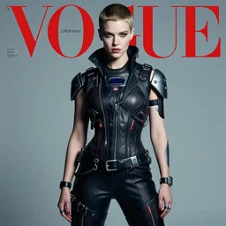 vogue magazine cover : full - body portrait of buzzcut sadie sink. defiant : steamcyberpunk style, ultrarealistic, photorealistic, intricate detail, photograph by anne leibovitz