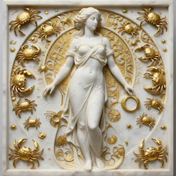 symmetry, intracate white marble bas relief sculpture of a woman, gold wire inlay, thousands of crabs, thousands of spiders, thousands of tarantulas, highly detailed, intricately detailed, art nuevo, octane, 8 k, hdr, art by hr geiger and ridley scott and alphonse mucha, trending on artstation
