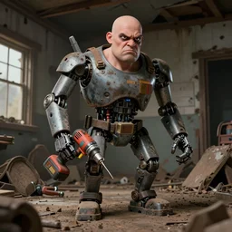 grumpy chunky bald handyman cyborg, multiple electric drill! hands, in a dusty wrecked home, full body, hyperrealistic digital art masterpiece, highly detailed neo pop surrealism, jason limon kay sage hannah yata, dramatic lighting, low angle, uhd 8 k, sharp focus