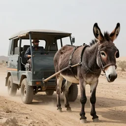 automobile driver compartment towed by donkey, scavenger world, medium shot photograph