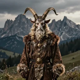 hyperrealist highly detailed neo-baroque  photography portrait of krampus standing in dolomites concept art pascal blanche dramatic studio lighting 8k wide angle shallow depth of field