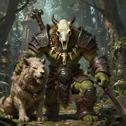 portrait photo of an uruk hai - gul'dan - hybrid, savage orc warrior wearing ancient barbarian armor, mask made from animal skull and necklace made from human bones, big beast pet sitting next to him, forest temple in the background, rich colors, green skin, hyperrealistic, ultra detailed, illustration concept trending pixiv fanbox by wlop and greg rutkowski and caravaggio and rosa