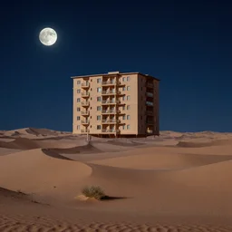 a single apartment building flying above a desert oasis in a moonlit night in the style of jacek yerka, symmetrical composition