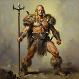 a highly detailed beautiful painting of andy milonakis as a barbarian, by frank frazetta, glasses, full body, wide angle