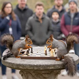 squirrels playing chess on a stone table, a crowd watching on