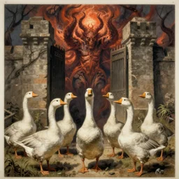 angry geese guarding the gates of hell, art by gustave dore