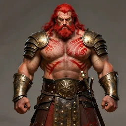 bulky muscular scottish warrior with red hair and a kilt, tribal blood red war paintings on his chest, bronze plate armor, in the style of paul pelletier, artgerm