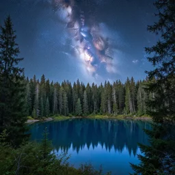 nebula above a clear blue lake in the middle of an evergreen forest at dawn