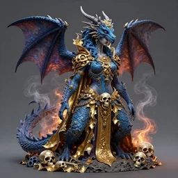 a beautiful detailed 3d matte painting of female blue dragon of the dead, by ellen jewett, by tomasz alen kopera, by Justin Gerard, ominous, magical realism, texture, intricate, ornate, royally decorated, skull, skeleton, whirling smoke, embers, gold adornements, gold torn fabric, radiant colors, fantasy, trending on artstation, volumetric lighting, micro details, 3d sculpture, ray tracing, 8k