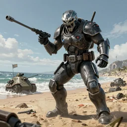 Classic DOOM Cyberdemon on Omaha beach, WW2, hyperdetailed, artstation, cgsociety, 8k