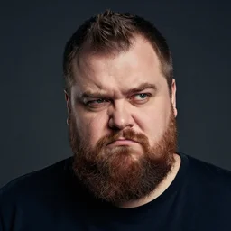 🤨 🤨 🤨 a posh bearded man with a very skeptical and sarcastic expression, one raised eyebrow, head tilted downward, are you serious right now, professional photography, studio lighting, dark background