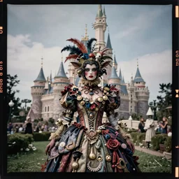 kodak portra 4 0 0, wetplate, photo of an artsy dream scene in a castle,, girl, real face, weird fashion, grotesque, extravagant dress, carneval, animal, wtf, photographed by paolo roversi style