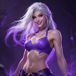 smiling syndra, from league of legends, white hair, purple magic, hyper detailed, digital art, au naturel, with abs, trending in artstation, cinematic lighting, studio quality, smooth render, unreal engine 5 rendered, octane rendered, art style by klimt and nixeu and ian sprigger and wlop and krenz cushart