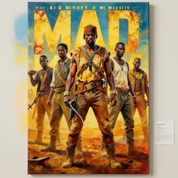 oil painted ghana movie poster for mad max by mr. nana agyq and heavy j and farkira and stoger and magasco, painted on canvas, deadly prey gallery