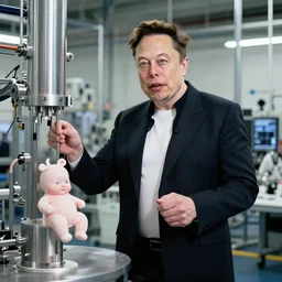 Elon Musk running a factory producing babies
