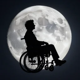 sillouette of robert wyatt in a wheelchair flying against the moon at night,