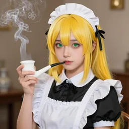 girl portrait with yellow hair and green eyes, dressed in maid outfit and holding white ceramic smoking pipe in cute realistic anime style with bloom ethereal effects, trending on Artstation, made by Tran Ross