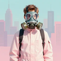 teenager wearing a boiler suit and a futuristic gas mask, city skyline in the background, pastel colours, science fiction concept art, by Jim mahfood