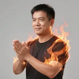 a man in his early 4 0 s, heavenly fire is enveloping his body, he's wearing a t - shirt of burgundy color, art by artgerm