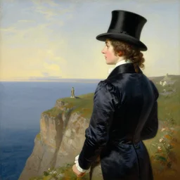a woman wearing a man's top hat and silk tailcoat, looking at the horizon from the top of a cliff, painting