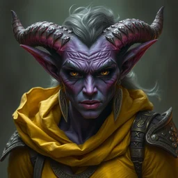 a purple skin horned tiefling woman, with yellow clothes, by dave dorman and christope young