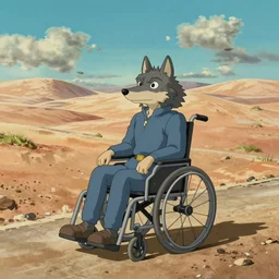 a study of cell shaded cartoon of a wolf in a wheelchair from howl's moving castle ( 2 0 0 4 ) on a desert road, full body, wide shot, very muted colors, post grunge, studio ghibli, laurie greasley, highly detailed, deviantart, art by artgem