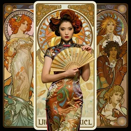 full figure portrait of a beautiful mysterious chinese in cheongsam holding fan, by eve ventrue, michael carson, andreas rochas, john watkiss, casey weldon, artgerm. art nouveau. tarot card by mucha. gloomhaven. swirly intricate linework background. gaudy colors, sharp edges. octane render
