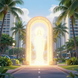 a holy glowing divine portal opening in dreamy kalakaua avenue in waikiki, a gateway to greg rutkowski multiversal realm, majestic, by, peter mohrbacher, ilya kuvshinov, james jean, vincent di fate